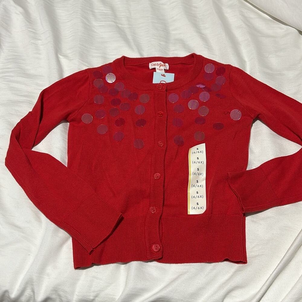 Cat & Jack S 5/6 red cardigan large front sequines 💯 cotton tts NWT perfect
